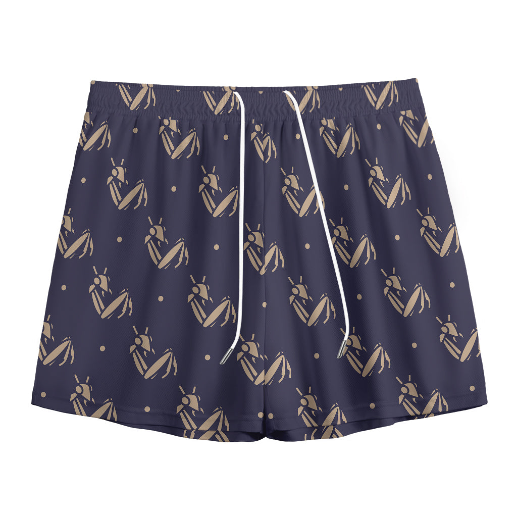 Blue And Beige Mantis Pattern Print Mesh Shorts