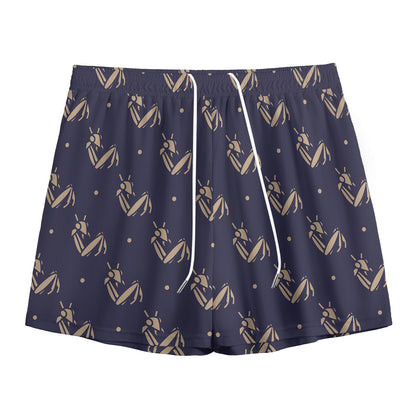 Blue And Beige Mantis Pattern Print Mesh Shorts