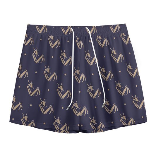 Blue And Beige Mantis Pattern Print Mesh Shorts
