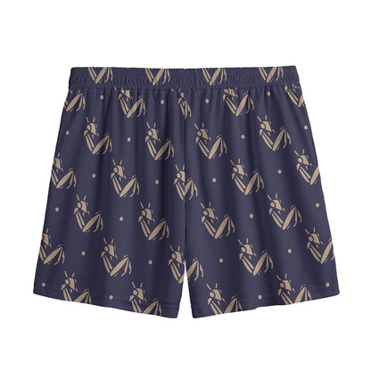 Blue And Beige Mantis Pattern Print Mesh Shorts