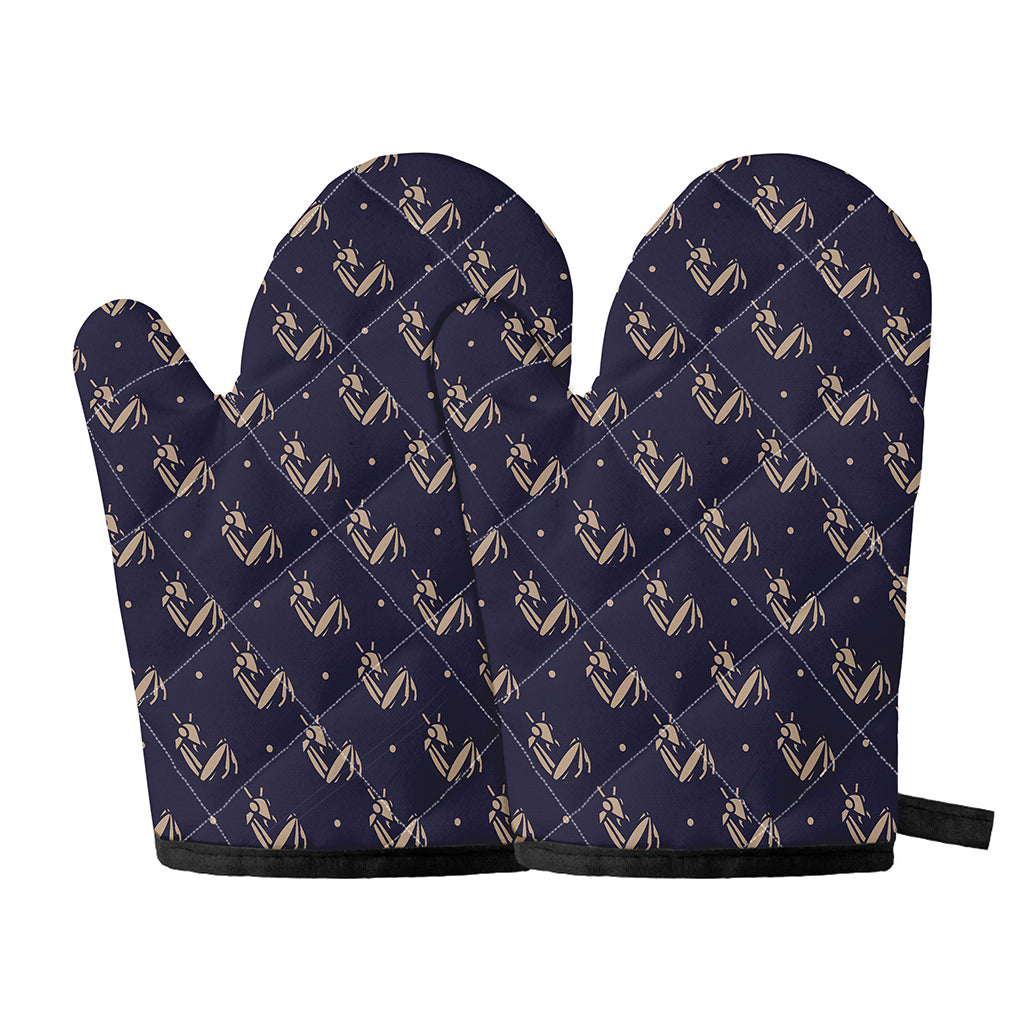 Blue And Beige Mantis Pattern Print Oven Mitts
