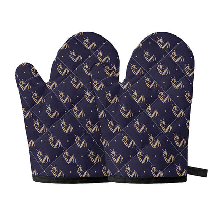 Blue And Beige Mantis Pattern Print Oven Mitts