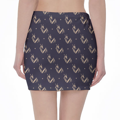 Blue And Beige Mantis Pattern Print Pencil Mini Skirt