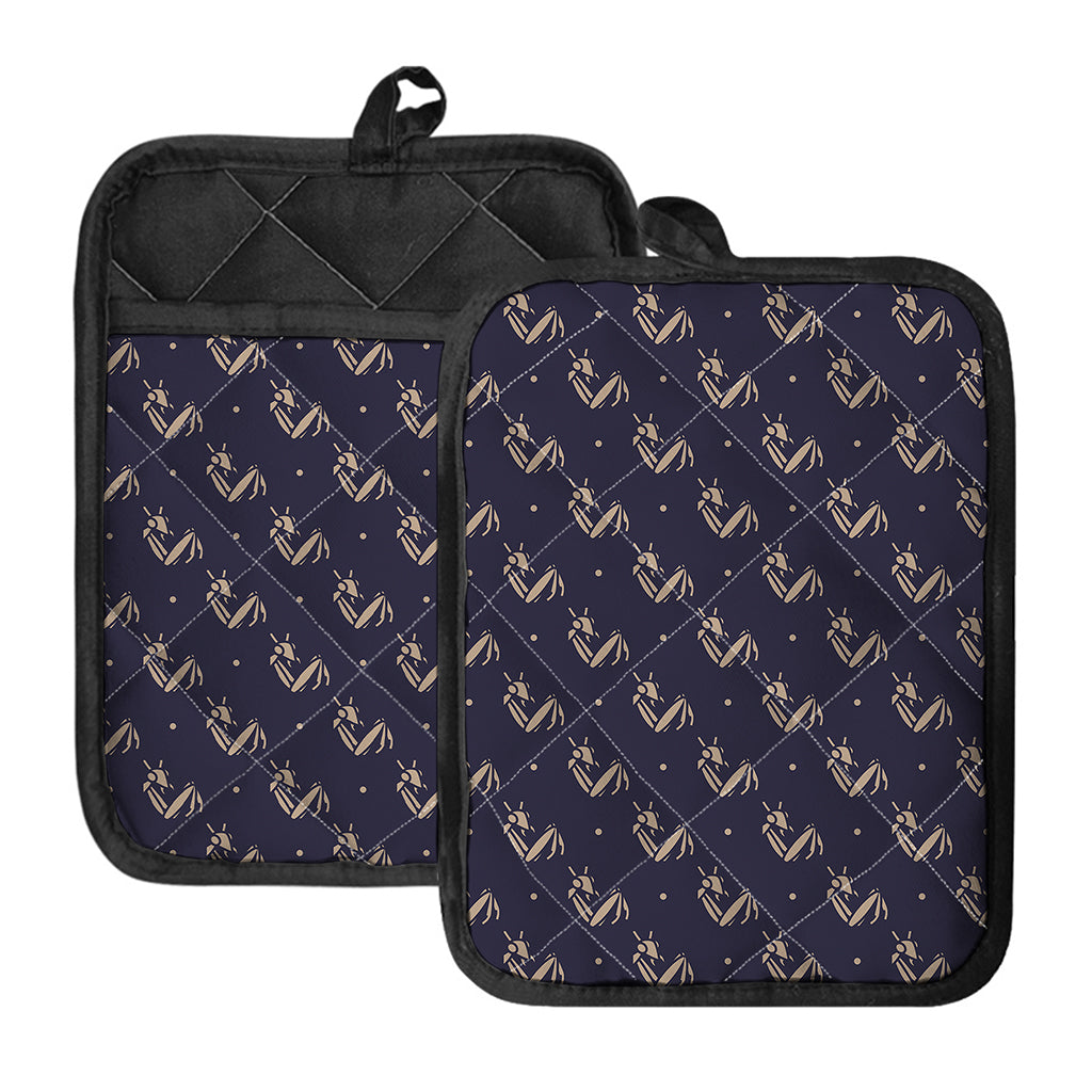 Blue And Beige Mantis Pattern Print Pot Holders With Pocket