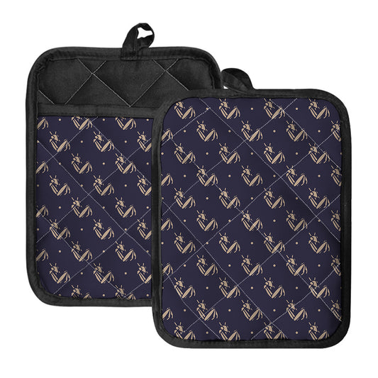 Blue And Beige Mantis Pattern Print Pot Holders With Pocket
