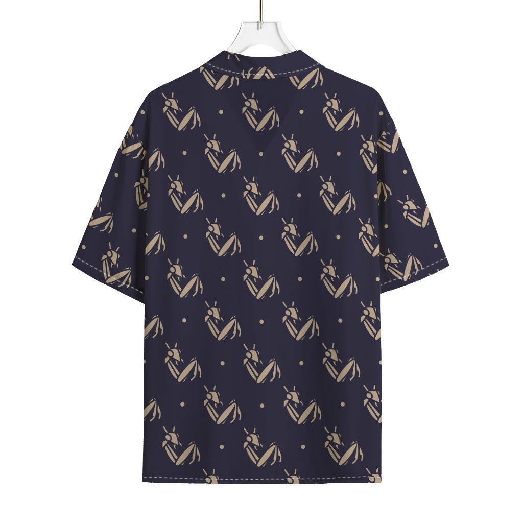Blue And Beige Mantis Pattern Print Rayon Hawaiian Shirt