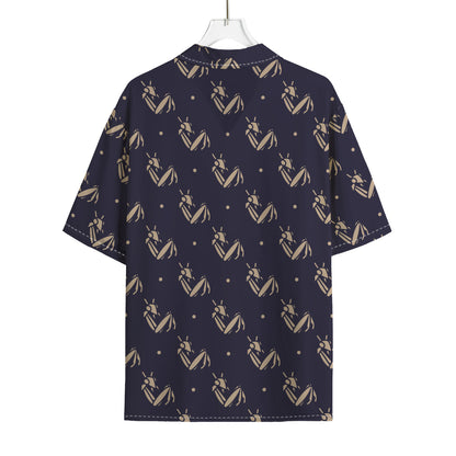 Blue And Beige Mantis Pattern Print Rayon Hawaiian Shirt