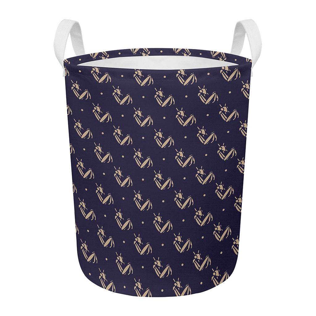 Blue And Beige Mantis Pattern Print Round Laundry Basket