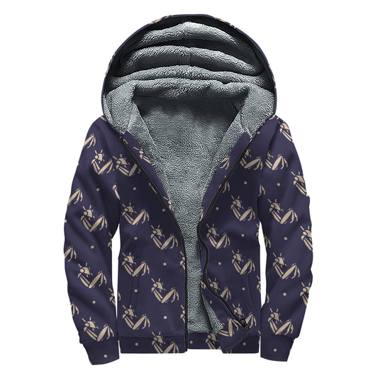 Blue And Beige Mantis Pattern Print Sherpa Lined Zip Up Hoodie