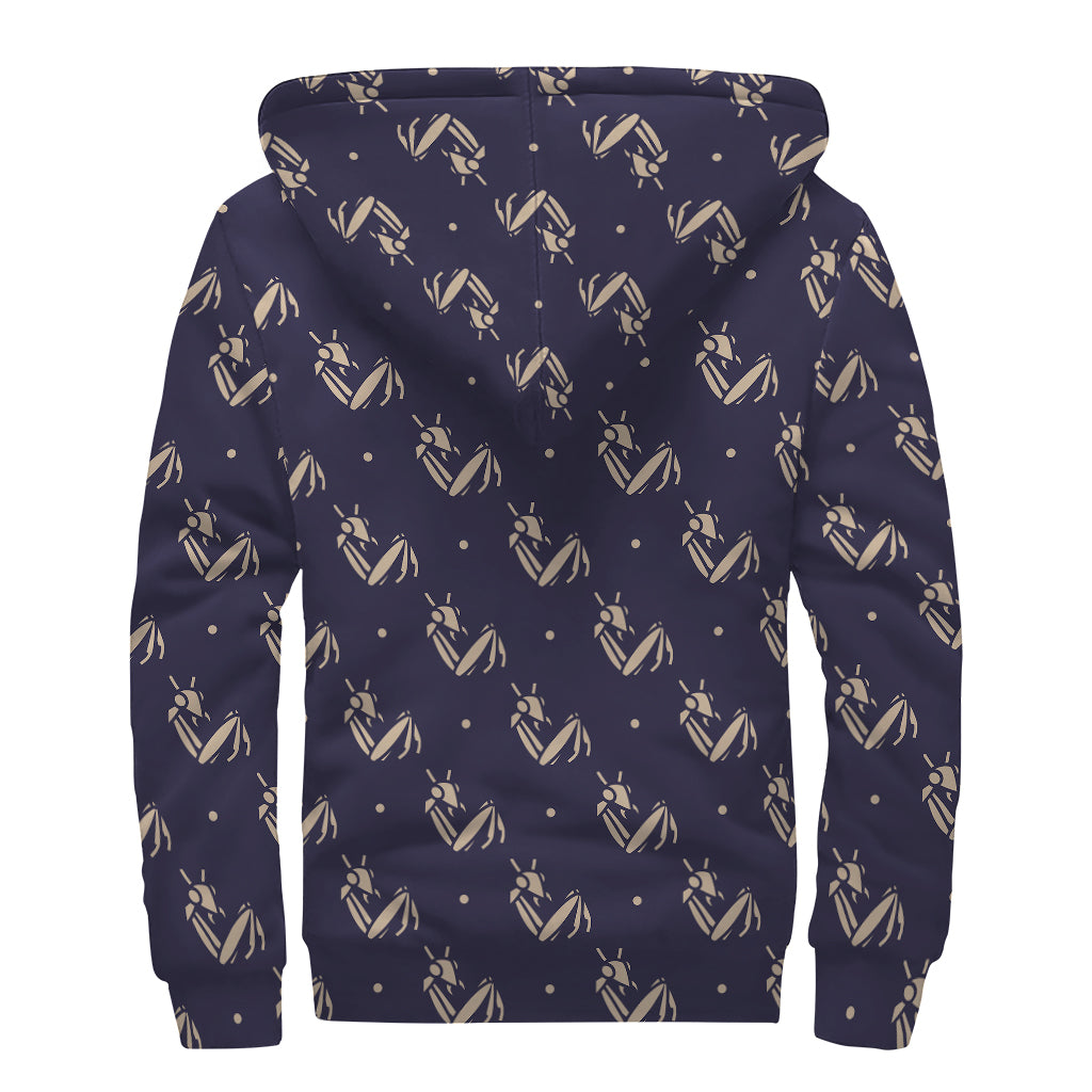 Blue And Beige Mantis Pattern Print Sherpa Lined Zip Up Hoodie