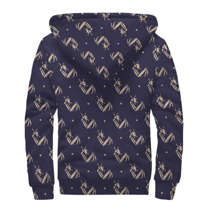 Blue And Beige Mantis Pattern Print Sherpa Lined Zip Up Hoodie