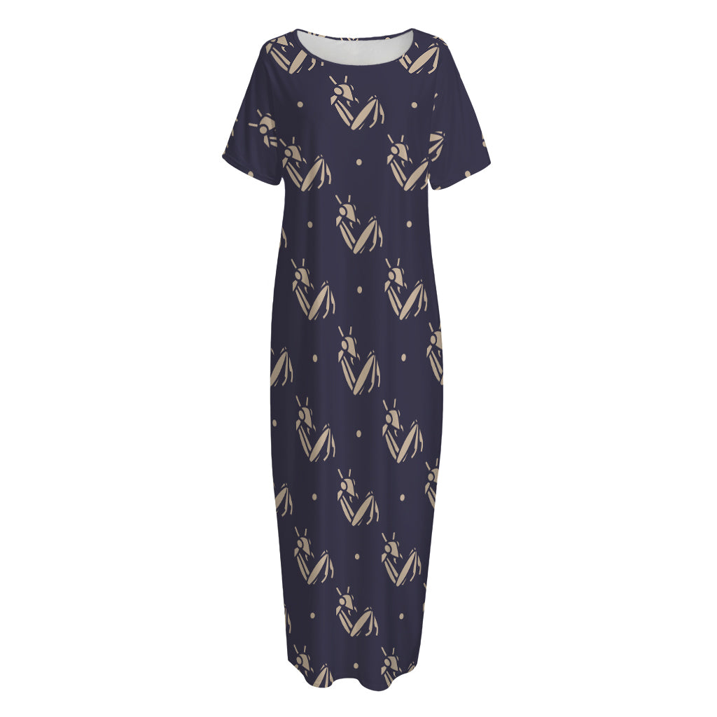 Blue And Beige Mantis Pattern Print Short Sleeve Long Nightdress