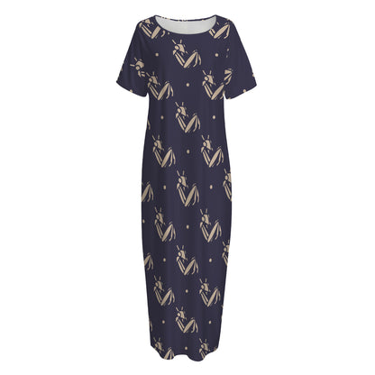 Blue And Beige Mantis Pattern Print Short Sleeve Long Nightdress