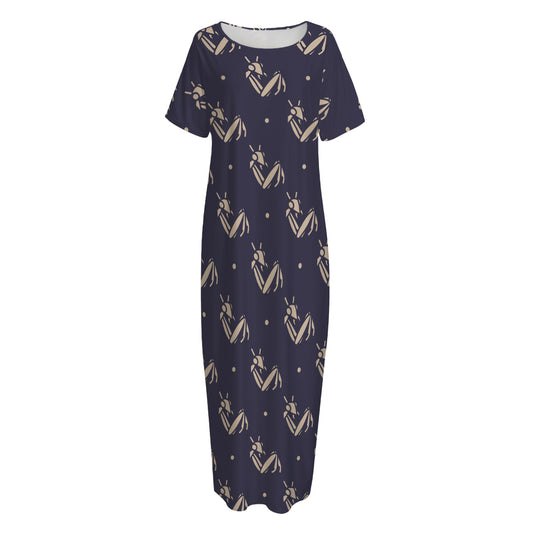 Blue And Beige Mantis Pattern Print Short Sleeve Long Nightdress