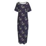 Blue And Beige Mantis Pattern Print Short Sleeve Long Nightdress