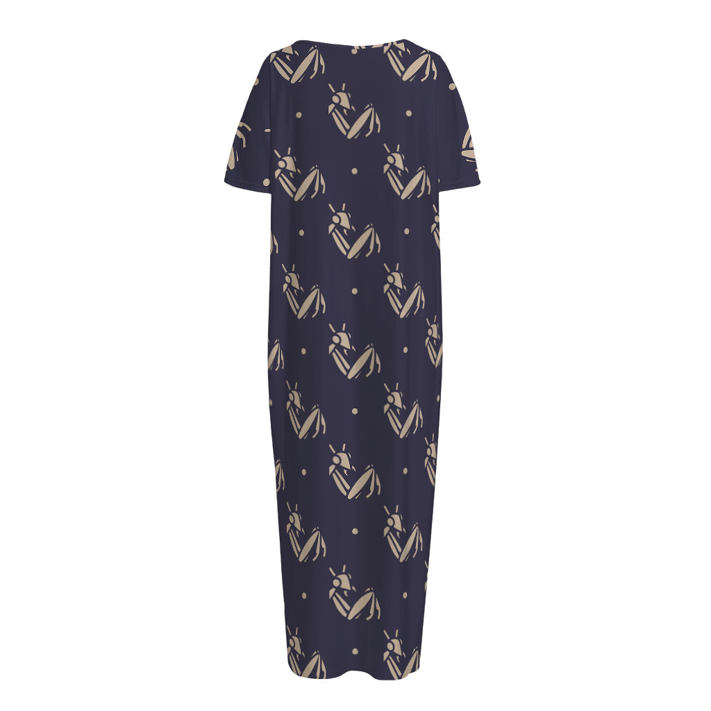 Blue And Beige Mantis Pattern Print Short Sleeve Long Nightdress