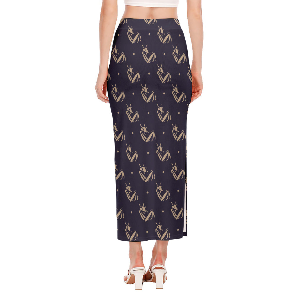 Blue And Beige Mantis Pattern Print Side Slit Maxi Skirt