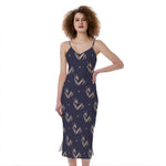 Blue And Beige Mantis Pattern Print Slim Fit Midi Cami Dress