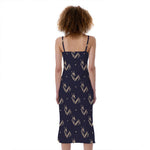 Blue And Beige Mantis Pattern Print Slim Fit Midi Cami Dress