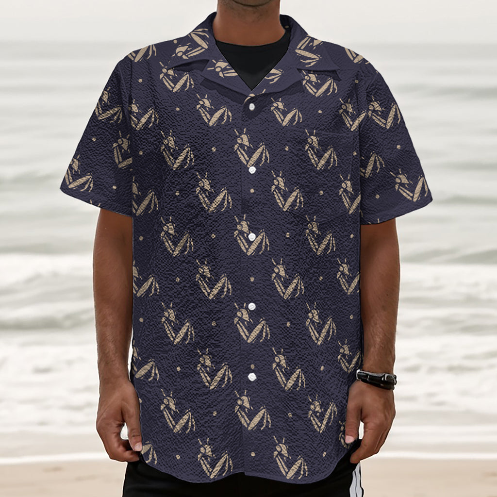 Blue And Beige Mantis Pattern Print Textured Short Sleeve Shirt