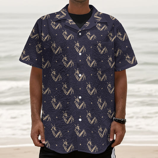 Blue And Beige Mantis Pattern Print Textured Short Sleeve Shirt
