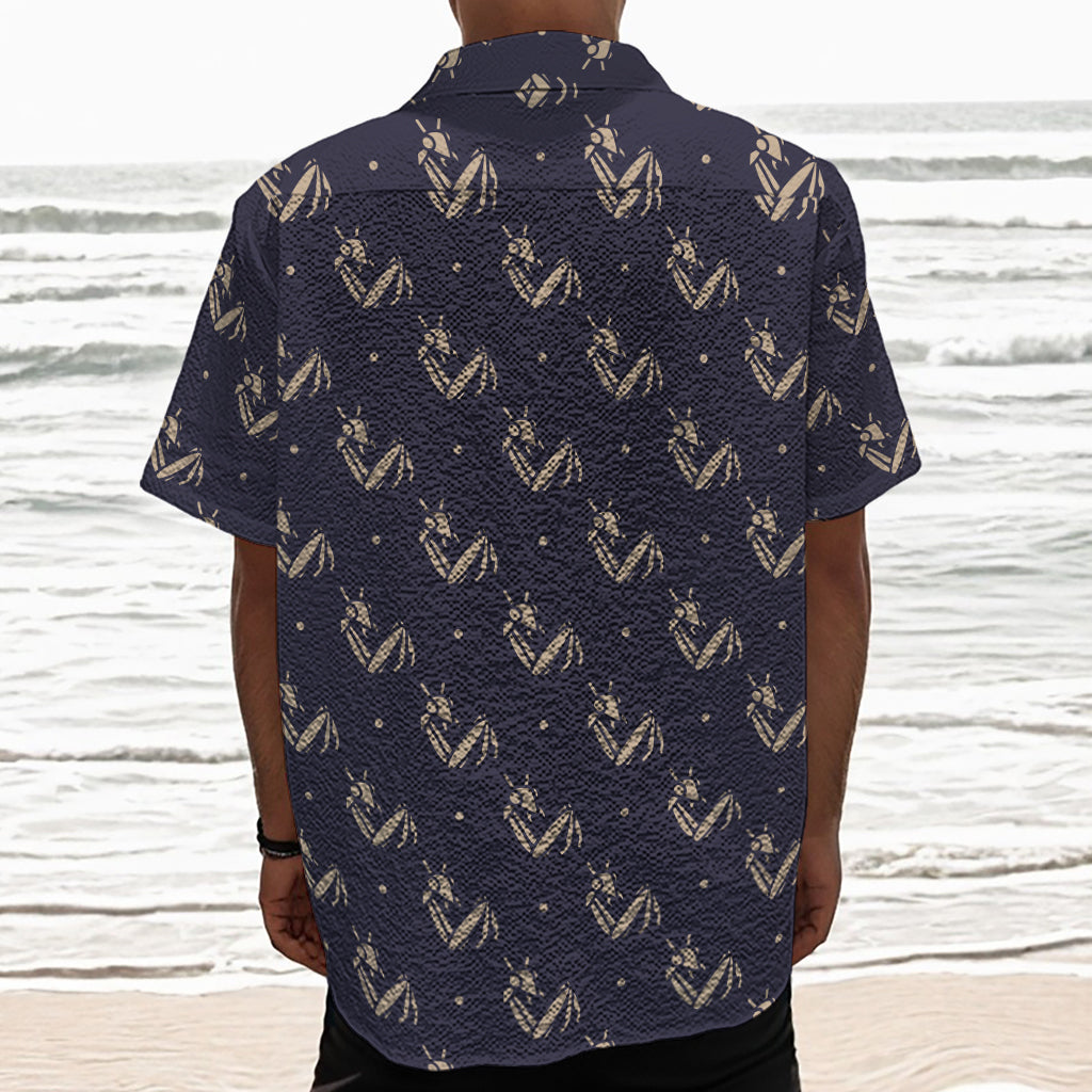 Blue And Beige Mantis Pattern Print Textured Short Sleeve Shirt
