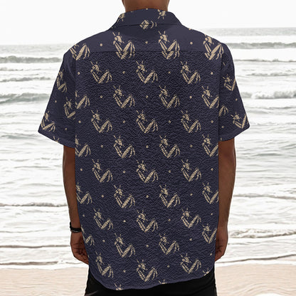 Blue And Beige Mantis Pattern Print Textured Short Sleeve Shirt