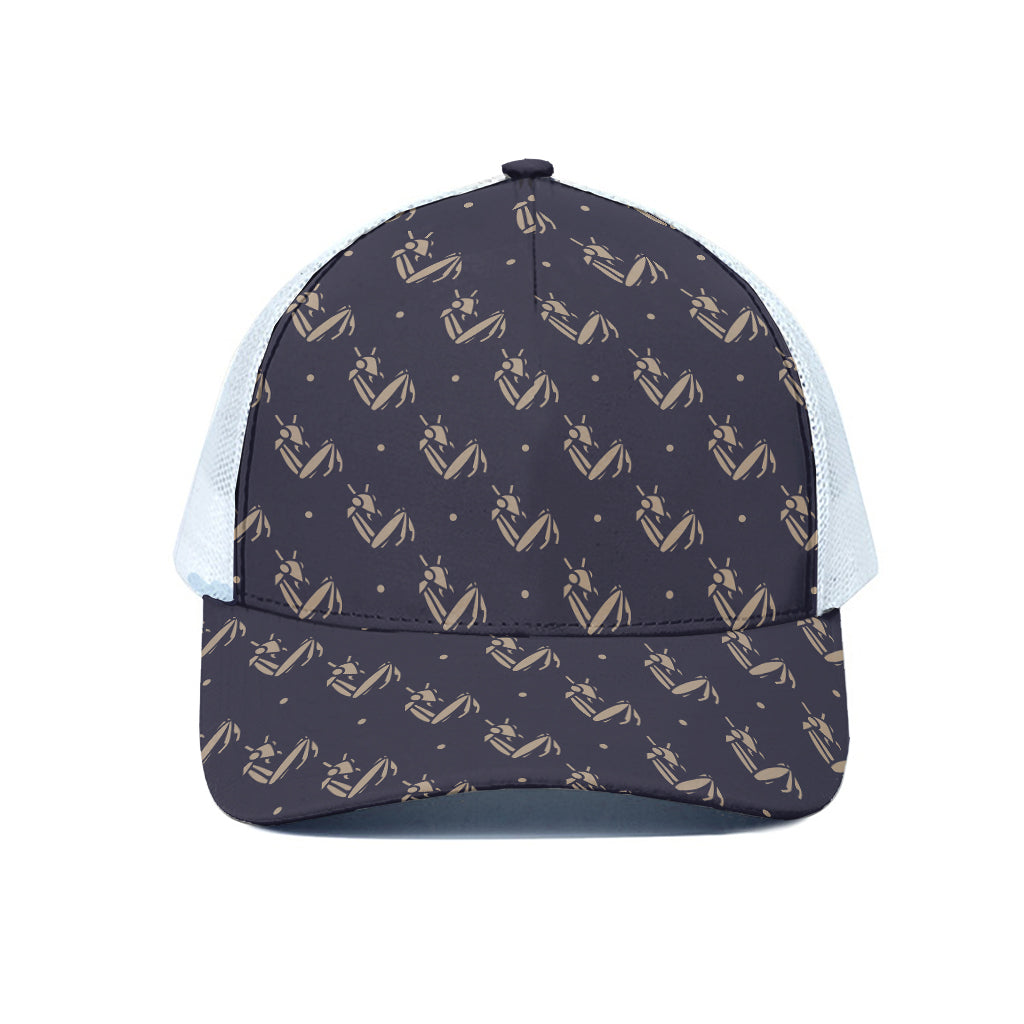 Blue And Beige Mantis Pattern Print White Mesh Trucker Cap