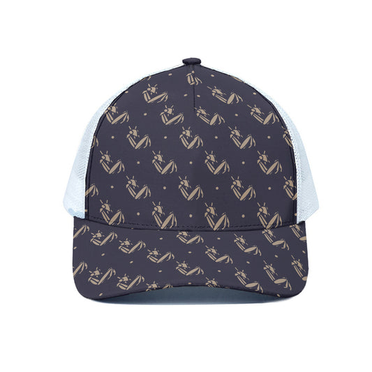 Blue And Beige Mantis Pattern Print White Mesh Trucker Cap