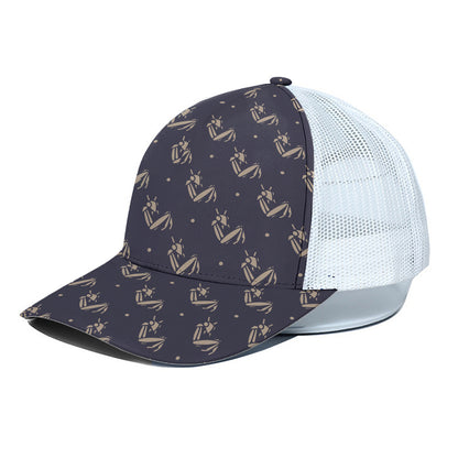 Blue And Beige Mantis Pattern Print White Mesh Trucker Cap