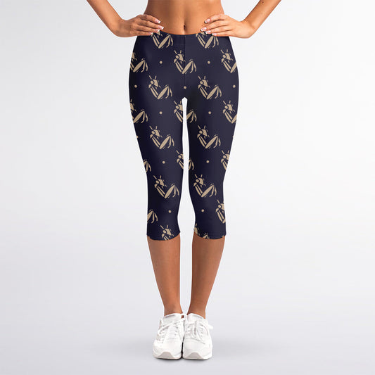 Blue And Beige Mantis Pattern Print Women's Capri Leggings