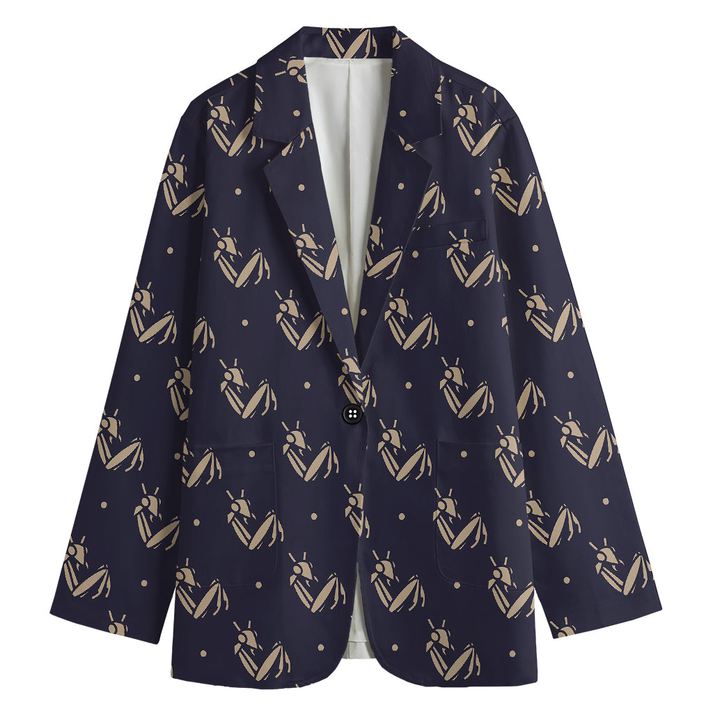 Blue And Beige Mantis Pattern Print Women's Cotton Blazer