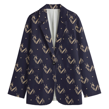 Blue And Beige Mantis Pattern Print Women's Cotton Blazer