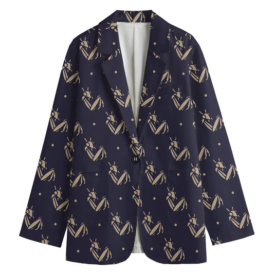 Blue And Beige Mantis Pattern Print Women's Cotton Blazer
