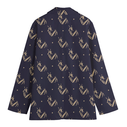 Blue And Beige Mantis Pattern Print Women's Cotton Blazer