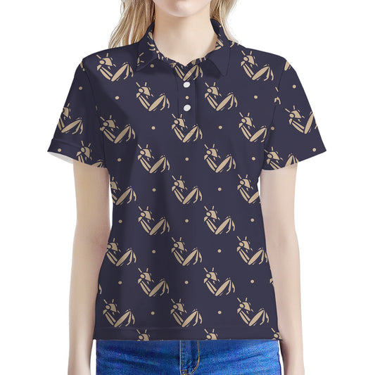 Blue And Beige Mantis Pattern Print Women's Polo Shirt