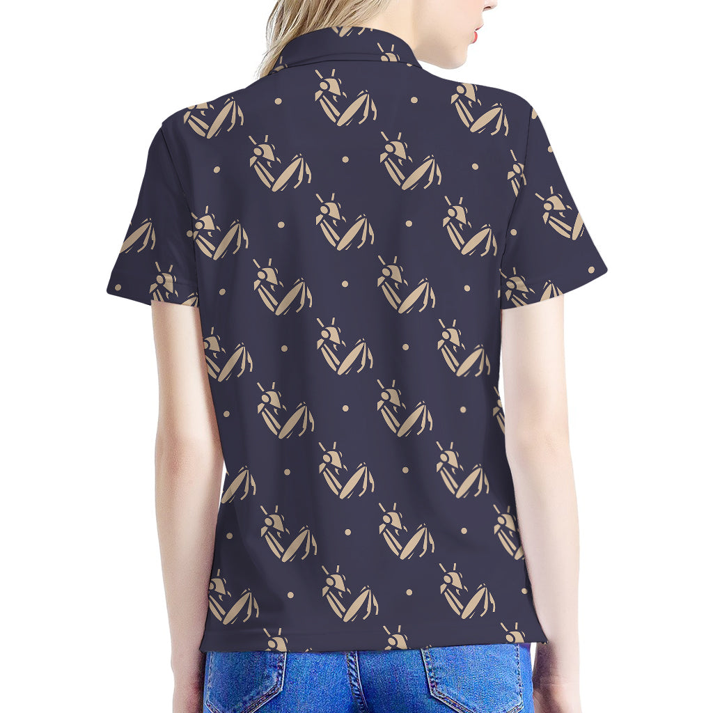Blue And Beige Mantis Pattern Print Women's Polo Shirt