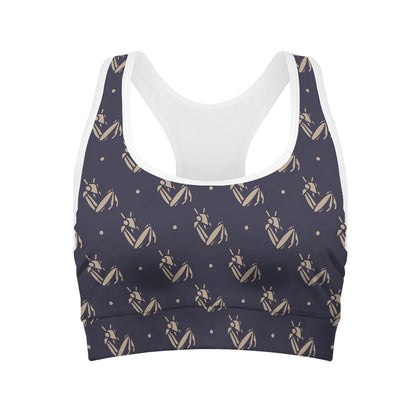 Blue And Beige Mantis Pattern Print Women's Sports Bra