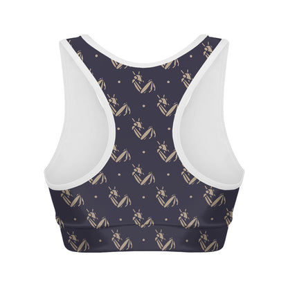 Blue And Beige Mantis Pattern Print Women's Sports Bra