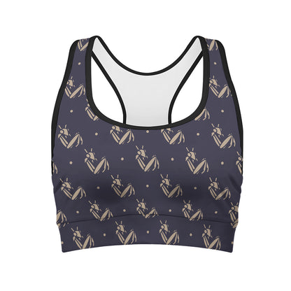 Blue And Beige Mantis Pattern Print Women's Sports Bra