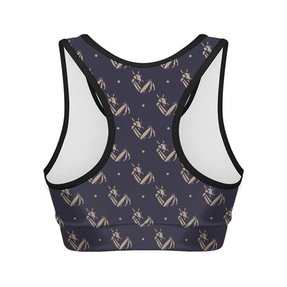 Blue And Beige Mantis Pattern Print Women's Sports Bra