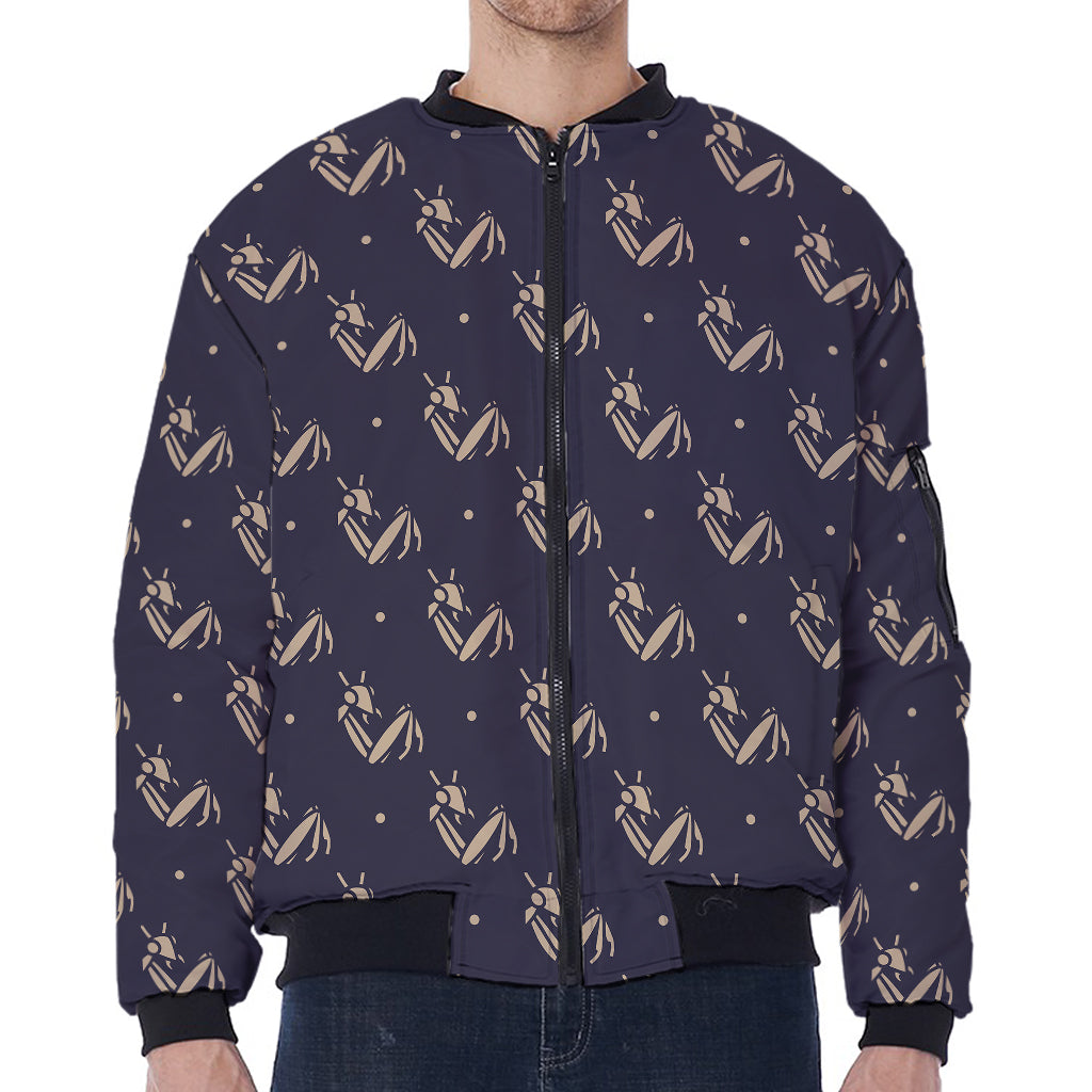 Blue And Beige Mantis Pattern Print Zip Sleeve Bomber Jacket