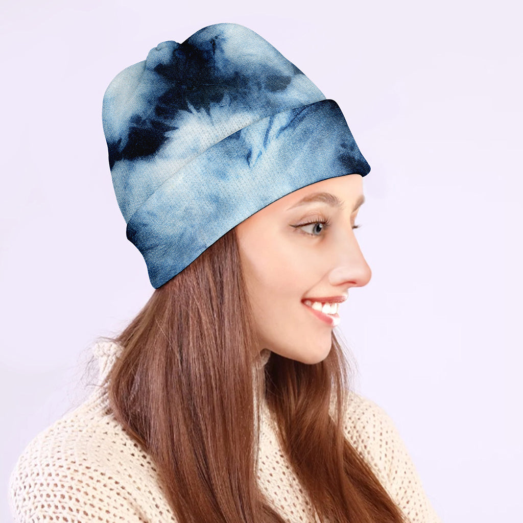 Blue And Black Acid Wash Tie Dye Print Beanie