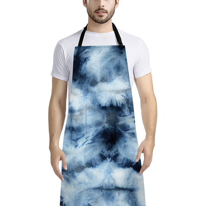 Blue And Black Acid Wash Tie Dye Print Bib Apron With Pocket