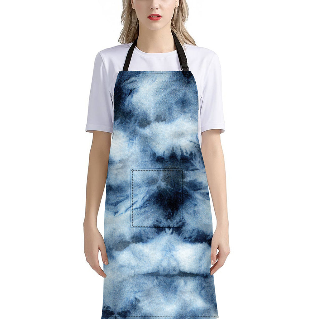 Blue And Black Acid Wash Tie Dye Print Bib Apron With Pocket