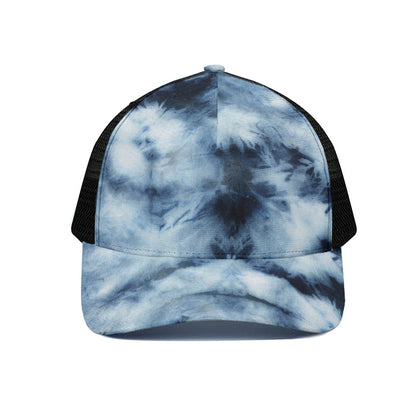 Blue And Black Acid Wash Tie Dye Print Black Mesh Trucker Cap