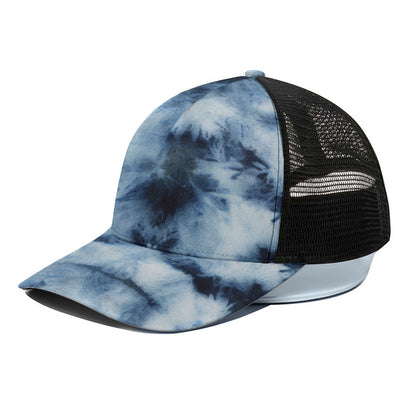 Blue And Black Acid Wash Tie Dye Print Black Mesh Trucker Cap