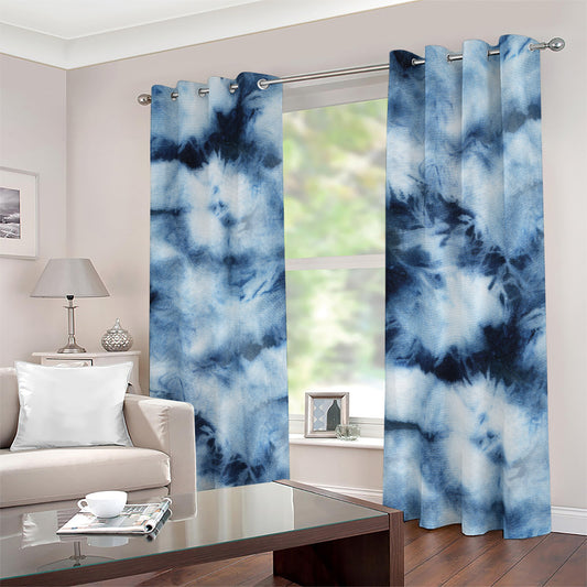 Blue And Black Acid Wash Tie Dye Print Blackout Grommet Curtains