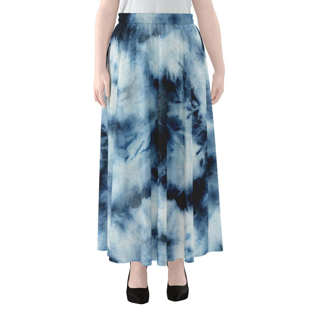 Blue And Black Acid Wash Tie Dye Print Chiffon Maxi Skirt