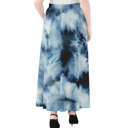 Blue And Black Acid Wash Tie Dye Print Chiffon Maxi Skirt